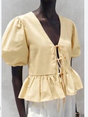 Zara Light Yellow V-Neck Tie-Front Peplum Blouse